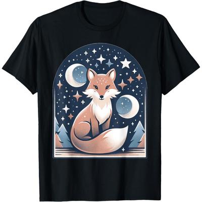 Cute Cottagecore Aesthetic Fox Crescent Moon Stars T-Shirt