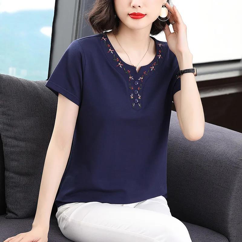 Nové letní dámské jednobarevné prošívané tričko s O-výstřihem, krátkým rukávem, volného střihu, nadměrné velikosti, tenké, s výšivkou, knoflíky, módní, ležérní topy