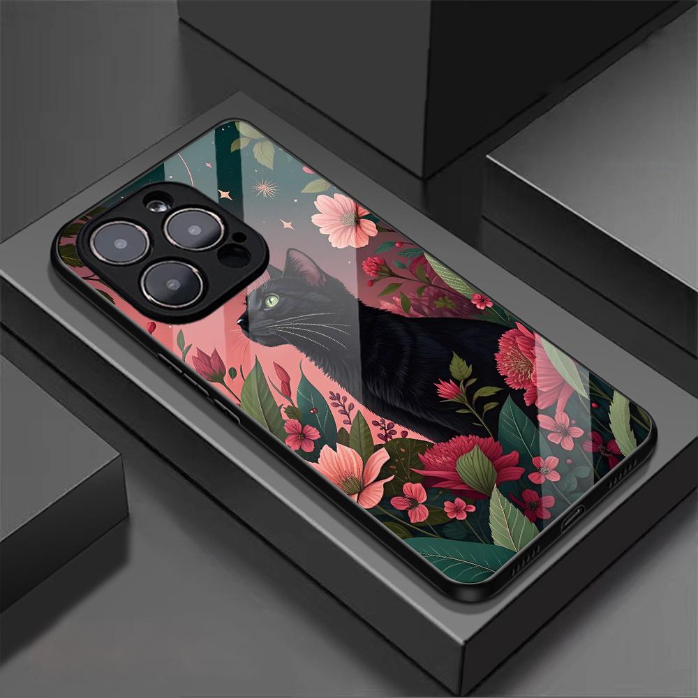 Aesthetic Art Painting Black Cat Glass Phone Case Suitable for iPhone 17 16 15 14 13 12 11 Pro/Max/Plus Anti Drop and Anti Shock