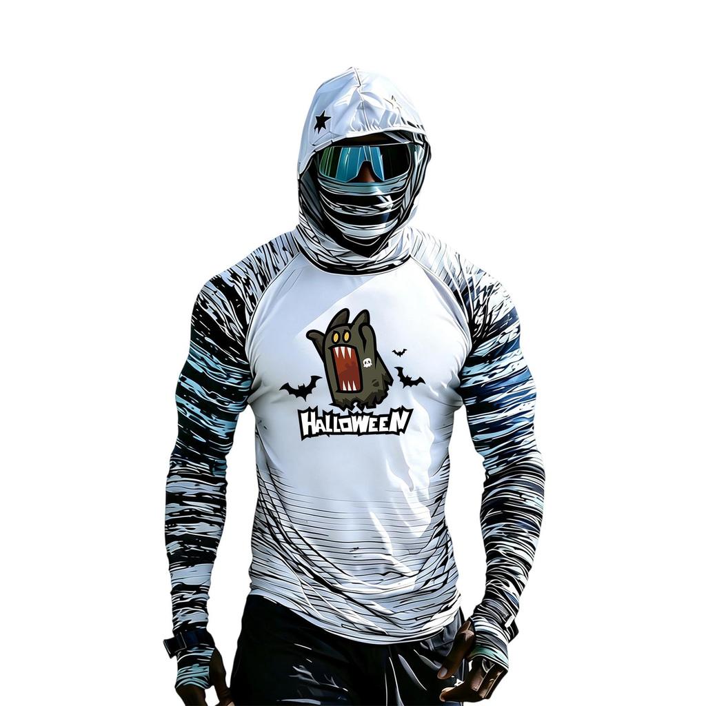Men's Casual Hooded Long Sleeve Raglan Color-Block Sun Top with Halloween Print (Without Glasses)