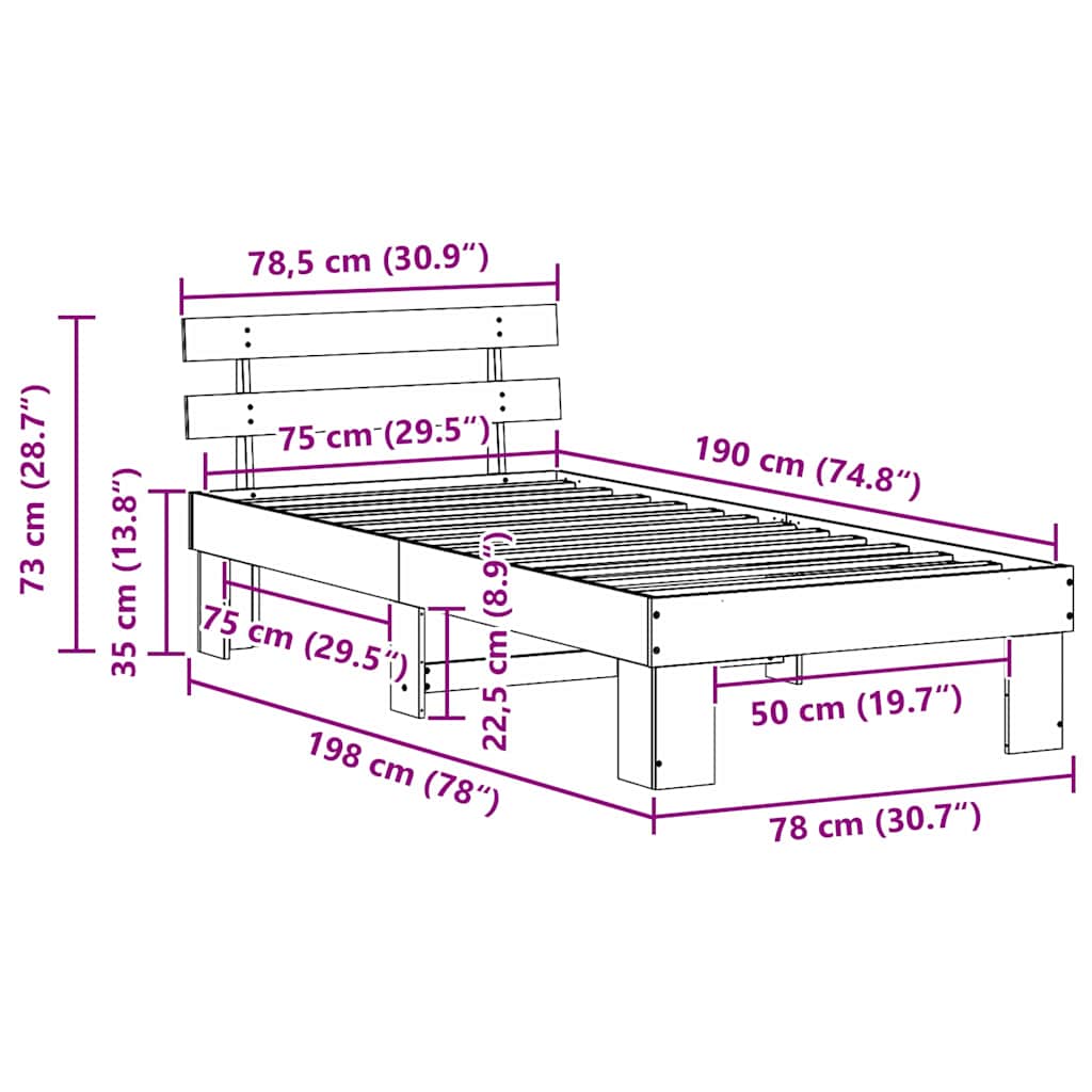 White Bed Frame with Headboard 75 x 190 cm Solid Pine Wood