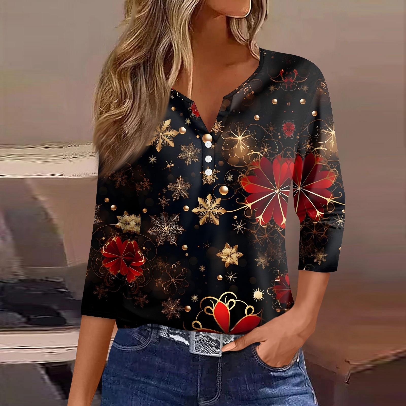 

Женская футболка с рождественским принтом, на пуговицах, рукав 3/4, повседневная мода на выходные, базовый топ с V-образным вырезом M