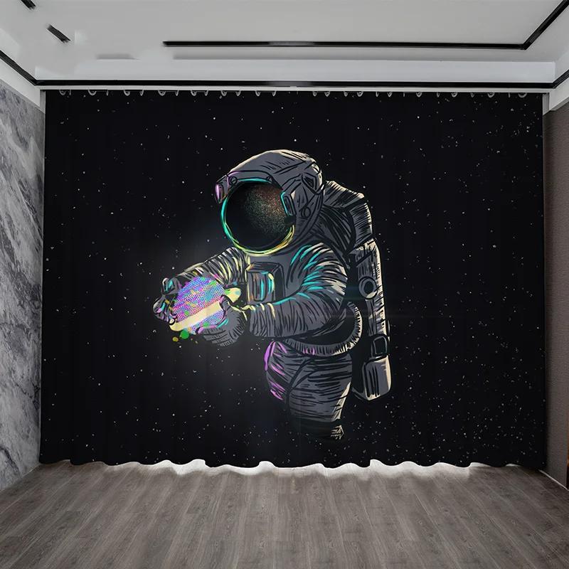 Creative Ins Style High Shading Curtain Astronaut Science Technology Sense Starry Sky Space Boy Game Bedroom Blackout Drape 2PCS