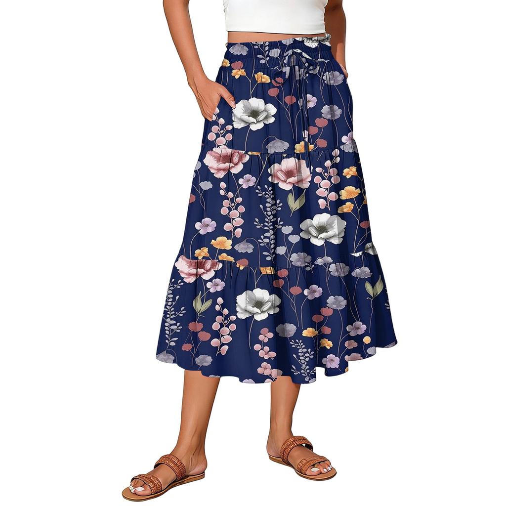 Gonna Maxi da Donna Coulisse Vita Alta Estiva Gonne Lunghe Leggere a Balze Fluide Floreali Plissettate