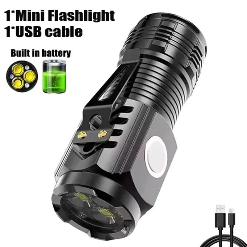 Powerful 3 Led Flashlight Mini Torch with Pocket Clip USB Rechargeable 5 Modes Flashlight Tail Magnet for Outdoor Camping Hiking