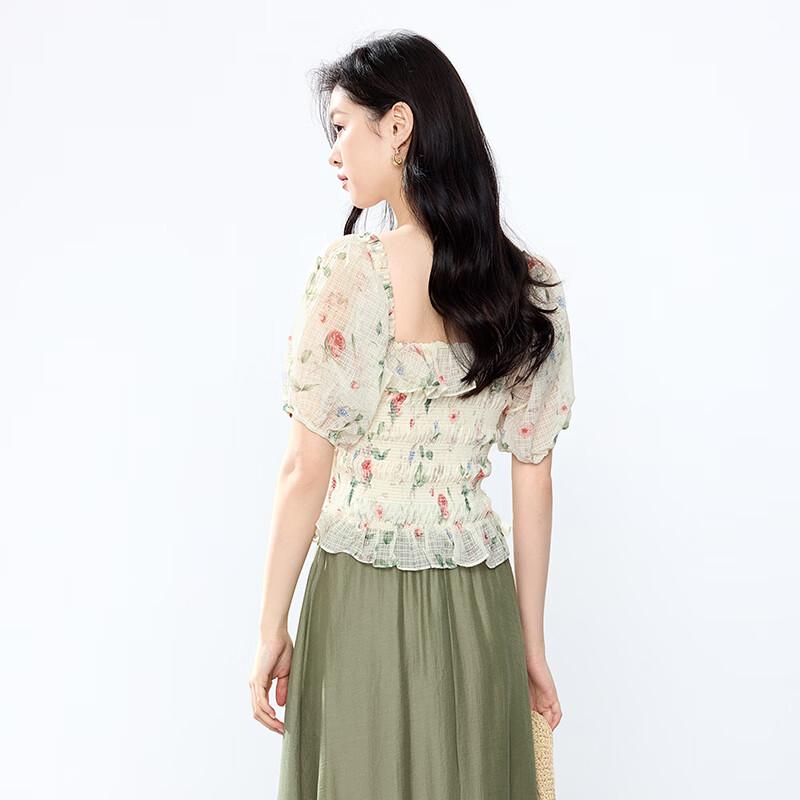 JOY SPEAKER Women's Printed Square Neck Short Sleeve Shirt