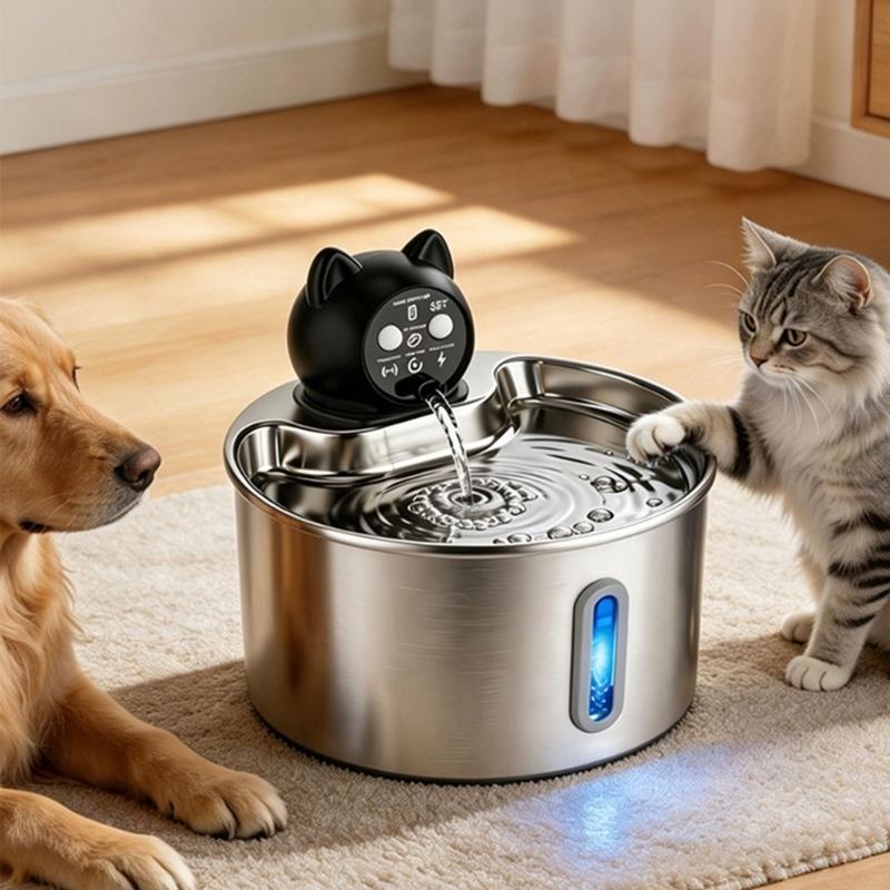 Indoor Pet Waterer with 304 Metal Tray, Front Level Window and Lifted Outlet for Daily Household Drinking Use Home
