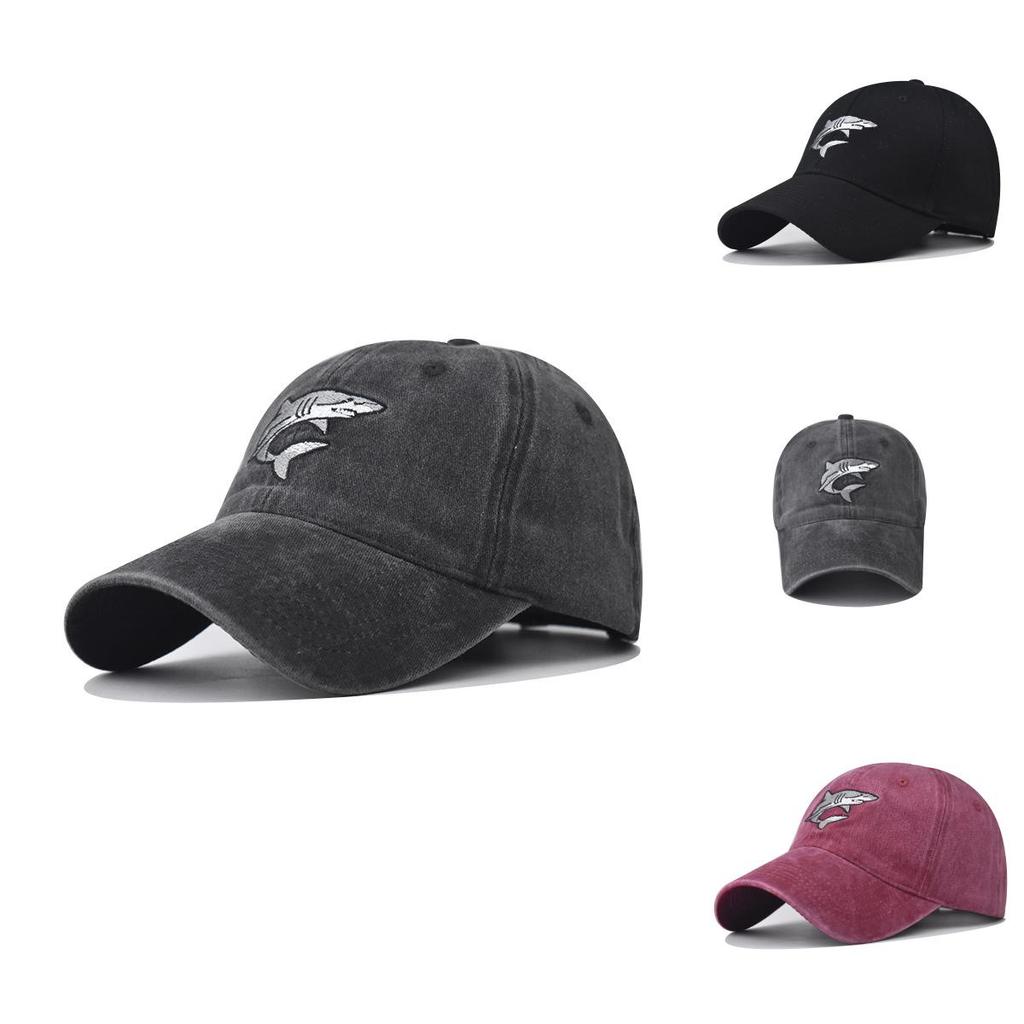 Cotton Wash Distressed Shark Embroidered Baseball Hat With Curved Brim For Outdoor Wear