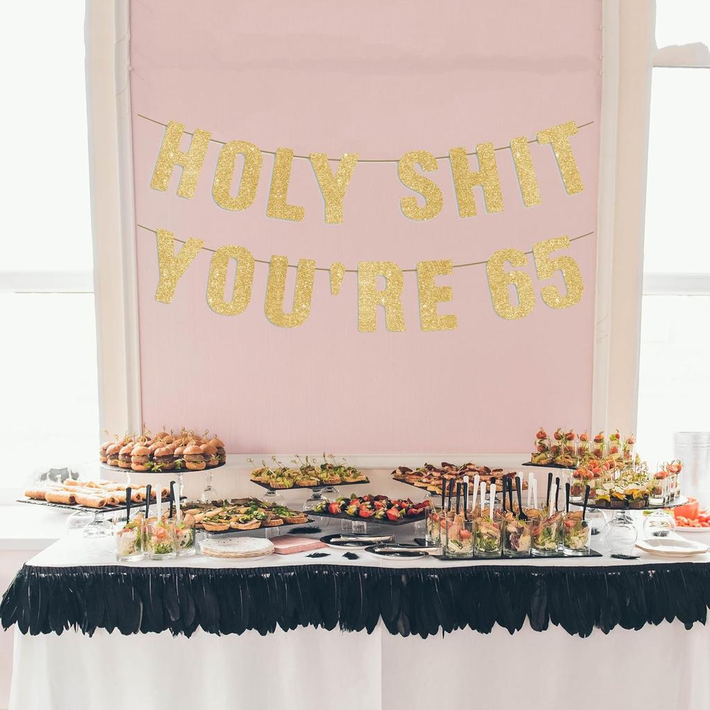 65th Birthday Decorations for Men & Women, Funny 65 Years Old Party Sign 65 Birthday Gifts for Her & Him, Pre-Strung 65th Party Banner - Gold Glitter