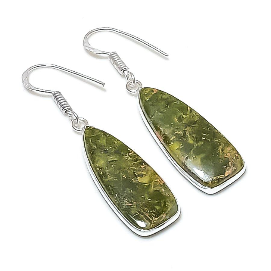 Натуральный камень Унакит Ручная работа Серьга из стерлингового серебра 925 пробы 1,93  AEE-10708