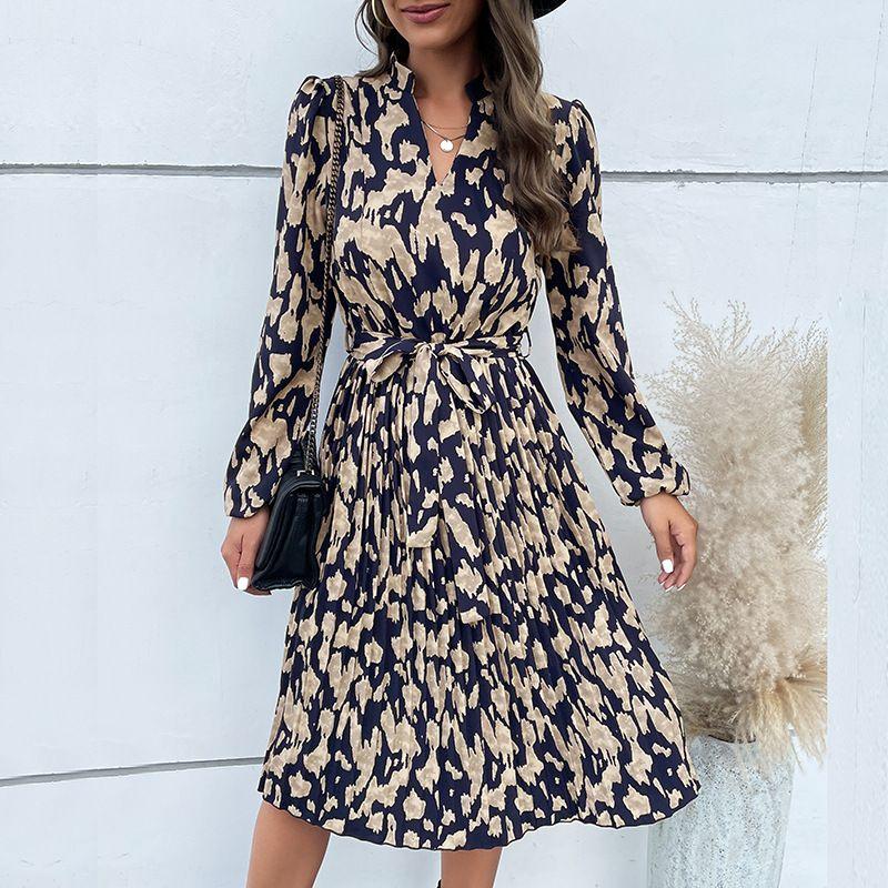 

2023 Fashion Women s Pleated Print Dress Long Sleeves Dress Navy blue S