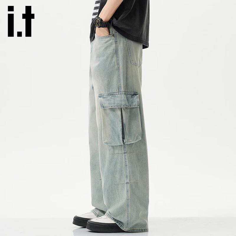 Izzue Men's American High Street Loose Straight-Leg Workwear Jeans