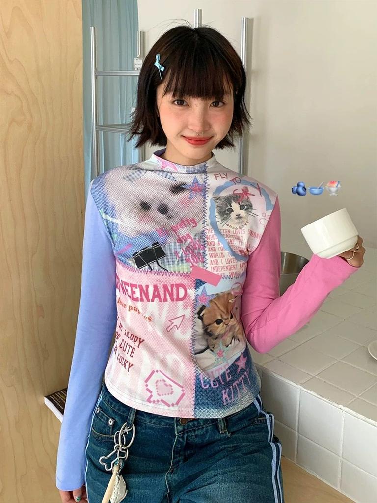 Y2k Harajuku Patchwork T Shirts Women American Retro Cat Dog Streetwear Pet Print Slim Cute Tees Tops 2000s Soft Girl Spring