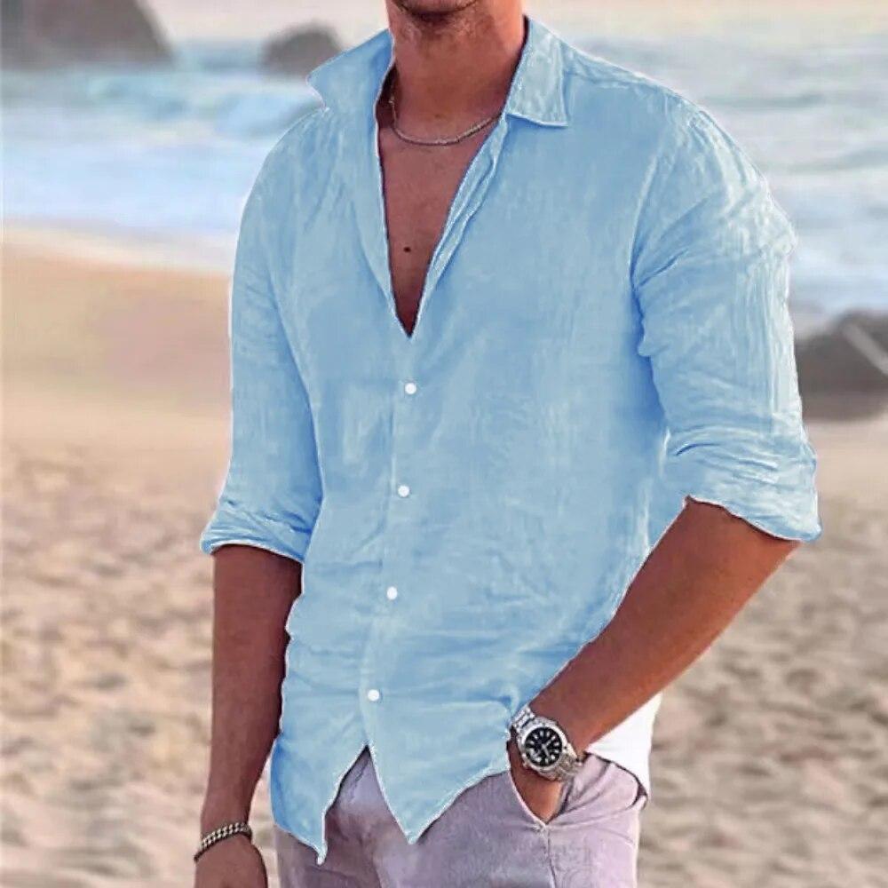 2026 New Men's Shirt Cotton Linen Fashion Casual Polo Neck Beach Shirt Long Sleeve Solid Hawaiian Holiday Shirts