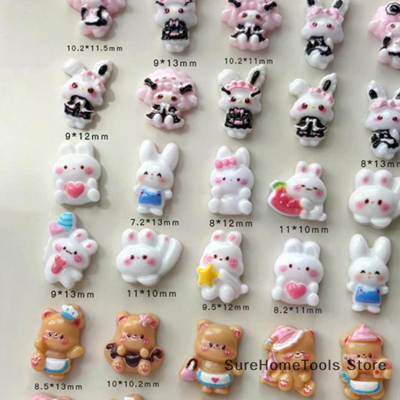30Pcs Kawaii 3D Resin DIY Nail Charms - Cartoon Bunny Little Brown Bear Candy Color Decoration, Cute Manicure Accessories
