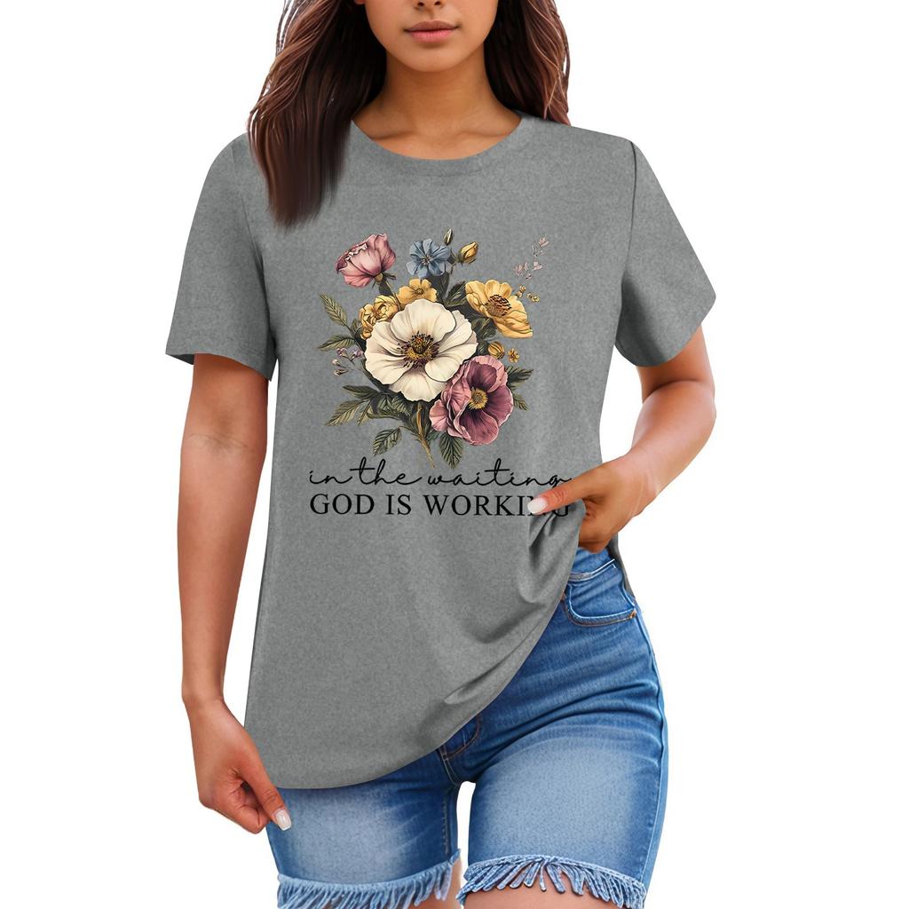Ladies' Loose Comfortable Casual Fashionable Plant Flower Printed Round Neck Short Sleeved Shirt