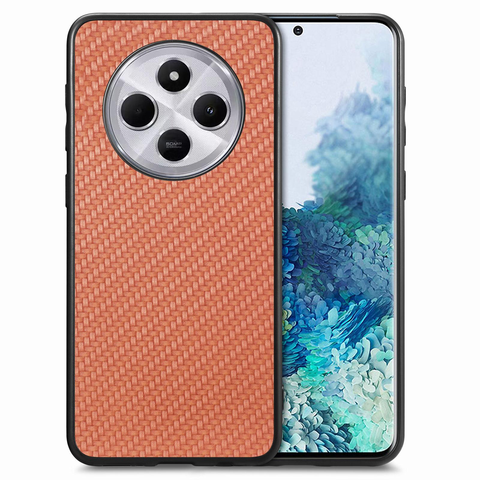 

Чехол для телефона для Xiaomi Redmi 14C 4G/14R 5G/Poco C75 4G Текстура углеродного волокна PU+PC+TPU Задняя крышка Brown