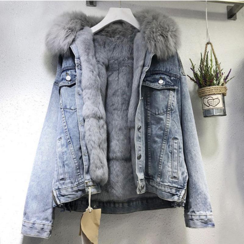 Women's Cozy Padded Denim Jacket - Casual Button Down With Fur Collar