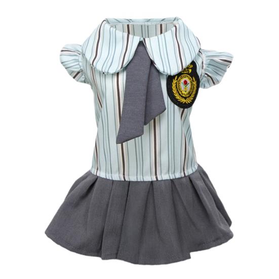 Pet Preppy Dress Shirt Summer Puppy Fly Sleeves Embroidered Badge Tie Striped Dress Top Breathable Pet Costume Outfit Apparel for Small Dogs Cats