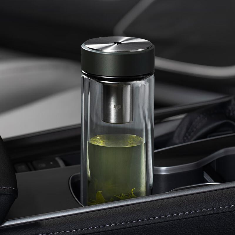 WANXIANG Double-Layer Heat-Resistant Glass Cup with Filter Mesh, Business Office Holiday Gift, Large Capacity Black-Green Portable Car Tea Cup