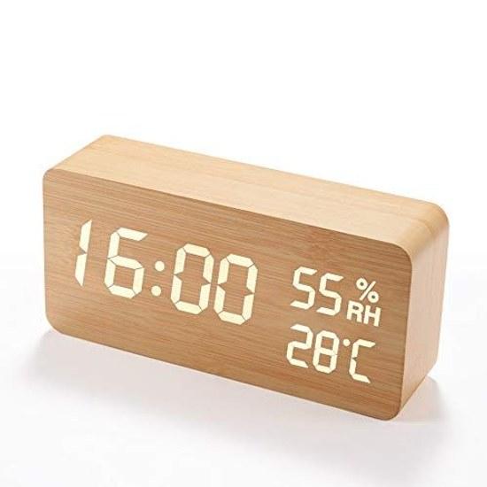 Alarm clock loud volume digital tabletop temperature humidity meter stylish wood grain design voice-activated energy-saving USB powered gift (wood