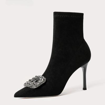 Fashion Rhinestone Skinny Heel Skinny Boots Autumn New Pointed Toe Suede Sleeve Non-Slip Anti-Shorthole Boots