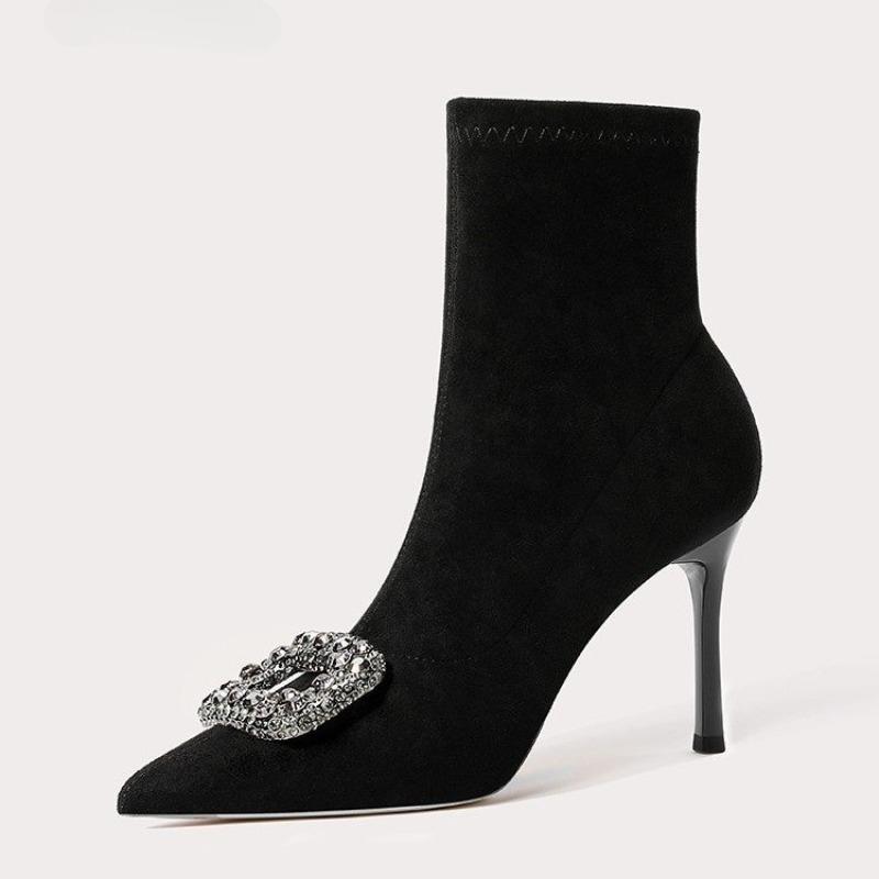 Fashion Rhinestone Skinny Heel Skinny Boots Autumn New Pointed Toe Suede Sleeve Non-Slip Anti-Shorthole Boots