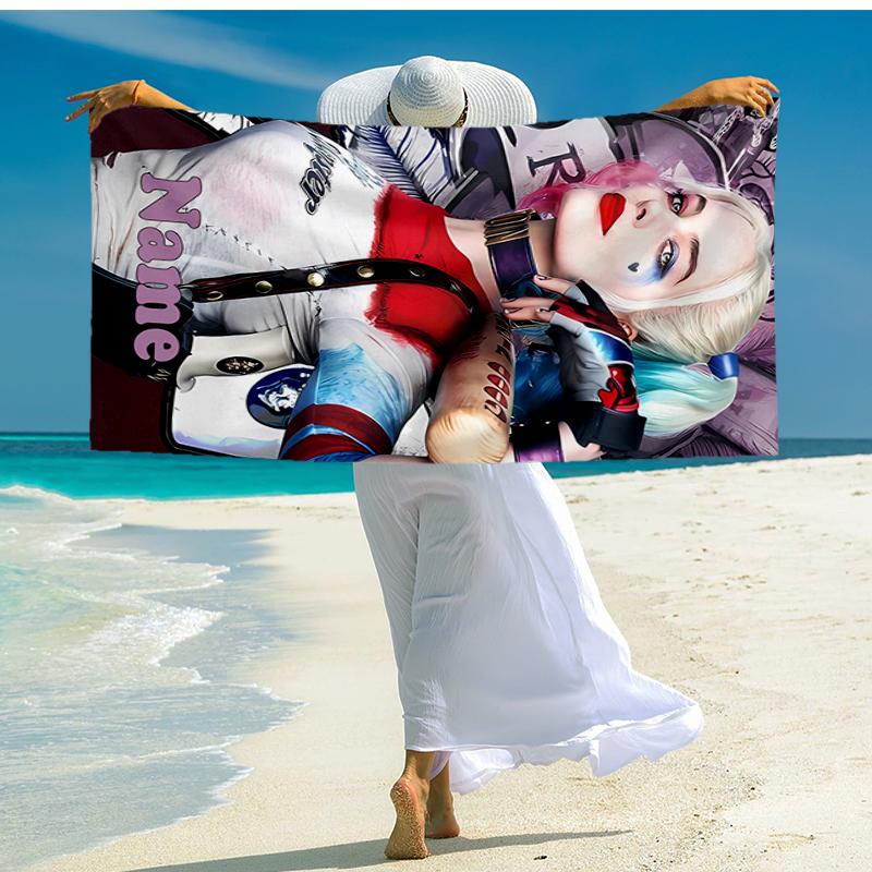 Custom Name Ultra-Soft Beach Towel with Harley Quinn Theme,Ideal for Pool - Camping, Diving - Perfect Travel Essential, Vibrant Beach Towel.