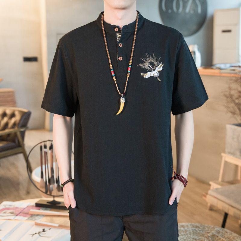 Chinese Men's Three-Quarter Sleeve Embroidered Tang Suit Cardigan Shirt