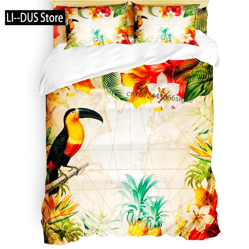 Comforter Parrot King Queen Bedding Set Cute Birds Colourful Feather Tropical Flowers Comforter Polyester