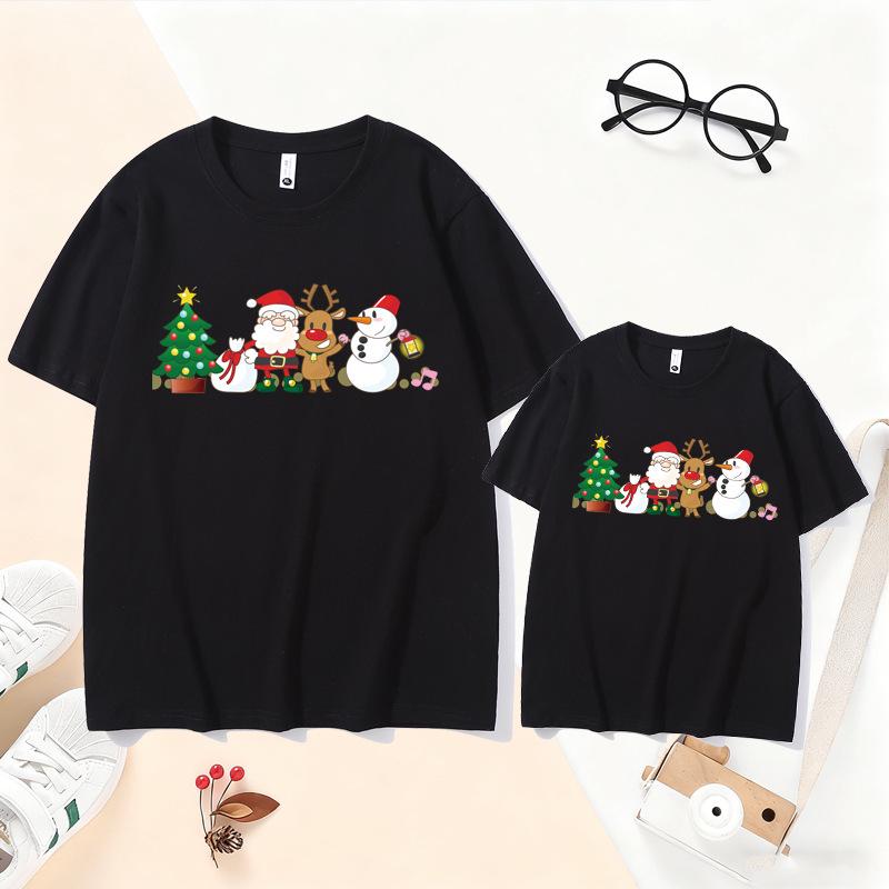 Family Christmas Reindeer T-Shirt Set: New Year Parent-Child Santa Claus Outfit for 3-4 Members, Mother-Daughter Short Sleeve.