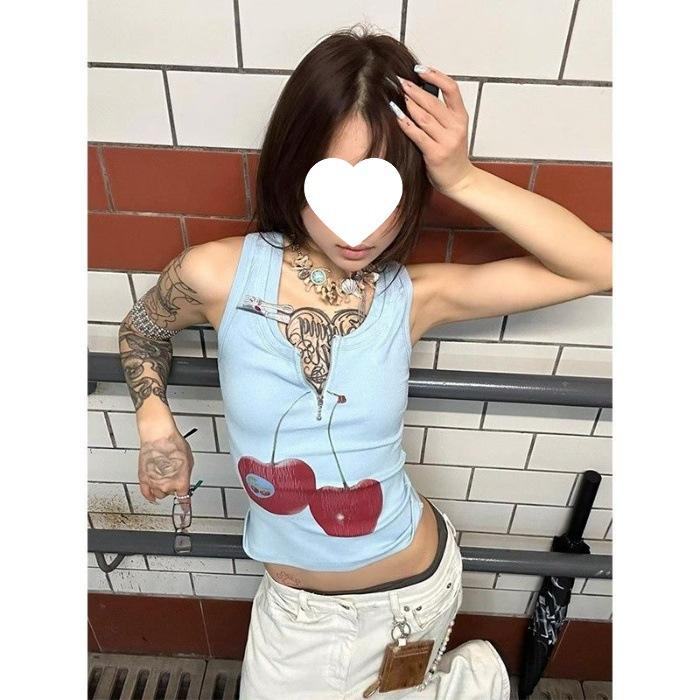 [Pure Cotton] Printed Spice Girl Suspender Vest Women s Zipper Cotton Slim Sleeveless Short On S синий