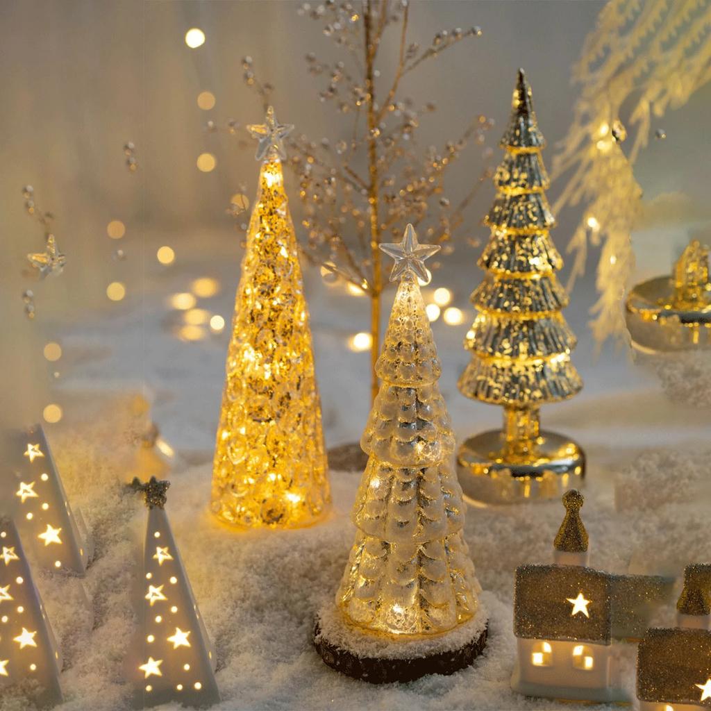 Illuminated Glass Christmas Tree, Crackled Glass Lighted Tree Figurine For Holiday Home Centerpiece Decor