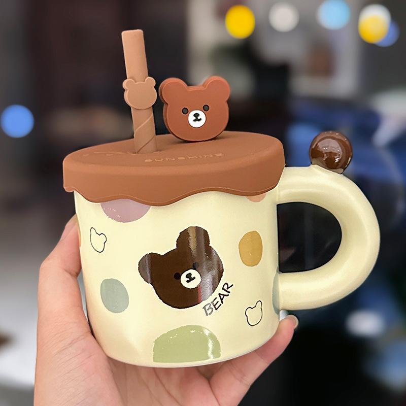 Cute Cartoon Bear Ceramic Mug With Lid Internet Celebrity Creative Design Straw Cup Household Drinking Cup Souvenir