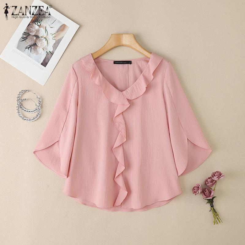 ZANZEA Womens Summer V-Neck 3/4 Sleeve Loose Ruffles Blouse