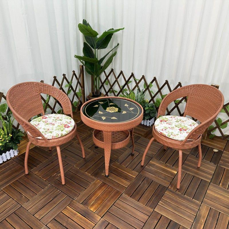 Three-Piece Chinese Style Rattan Table and Chair Set - Indoor Balcony Swivel Chair, Durable Round Five-Piece Swivel Design