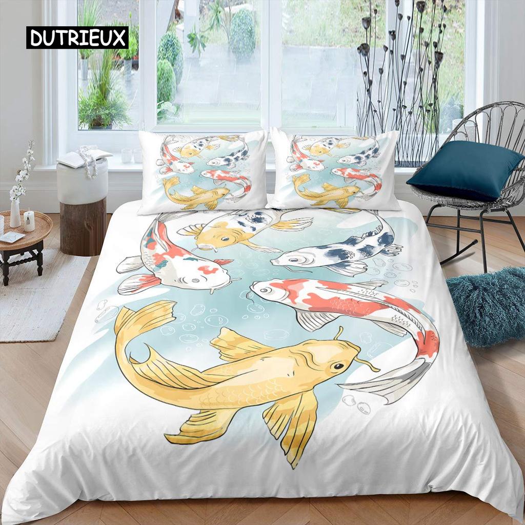 Koi Fish Duvet Cover Set King Size Oriental Asian Culture Lotus Bedding Set Microfiber Twin Cloud Quilt Cover for Girl Farmhouse