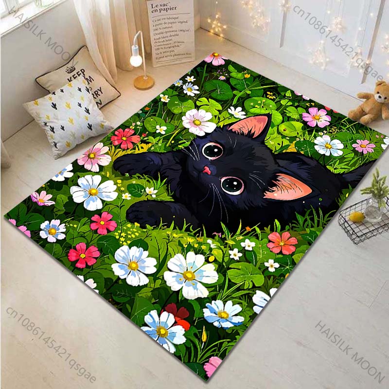 Multiple sizes Black cat and flowers Carpet for Living Room Bedroom Sofa Home Decor Rus Non-slip Floor Mat Luxury Gift