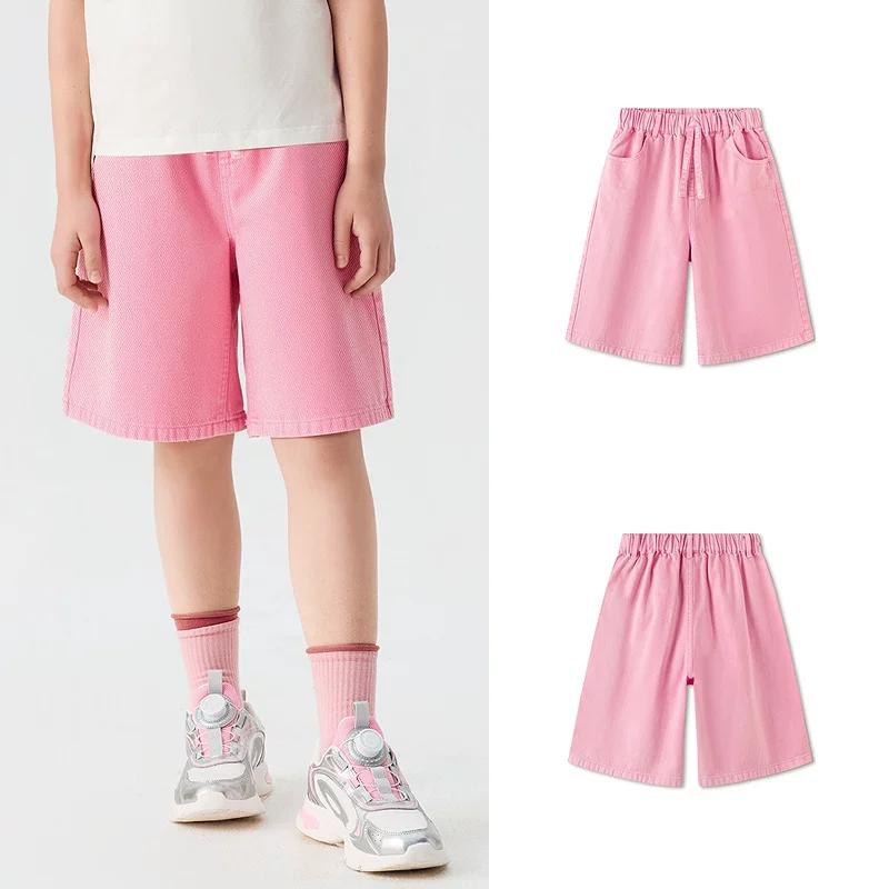 Balabala children's clothing, girls' shorts, children's pants, 2026 summer new item, all cotton denim five quarter straight leg pants, sweet