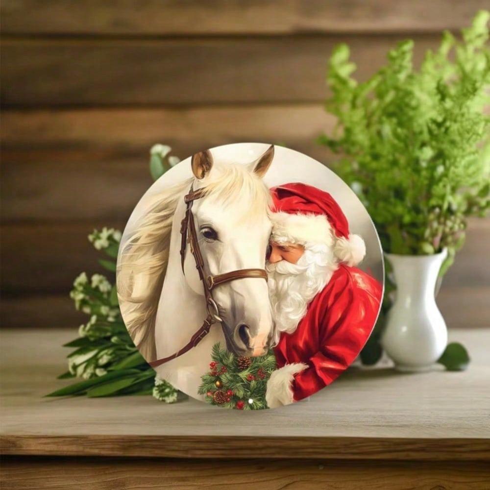 Santa Horse Aluminum Tin Sign 8 inch Round Vintage Christmas Decor For Home Office Cafe Holiday Gift