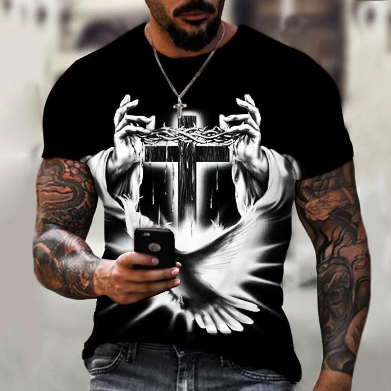 

Summer Round Neck 3D Cross Print Top Fashionable Casual Short Sleeved Men s T-shirts XS
