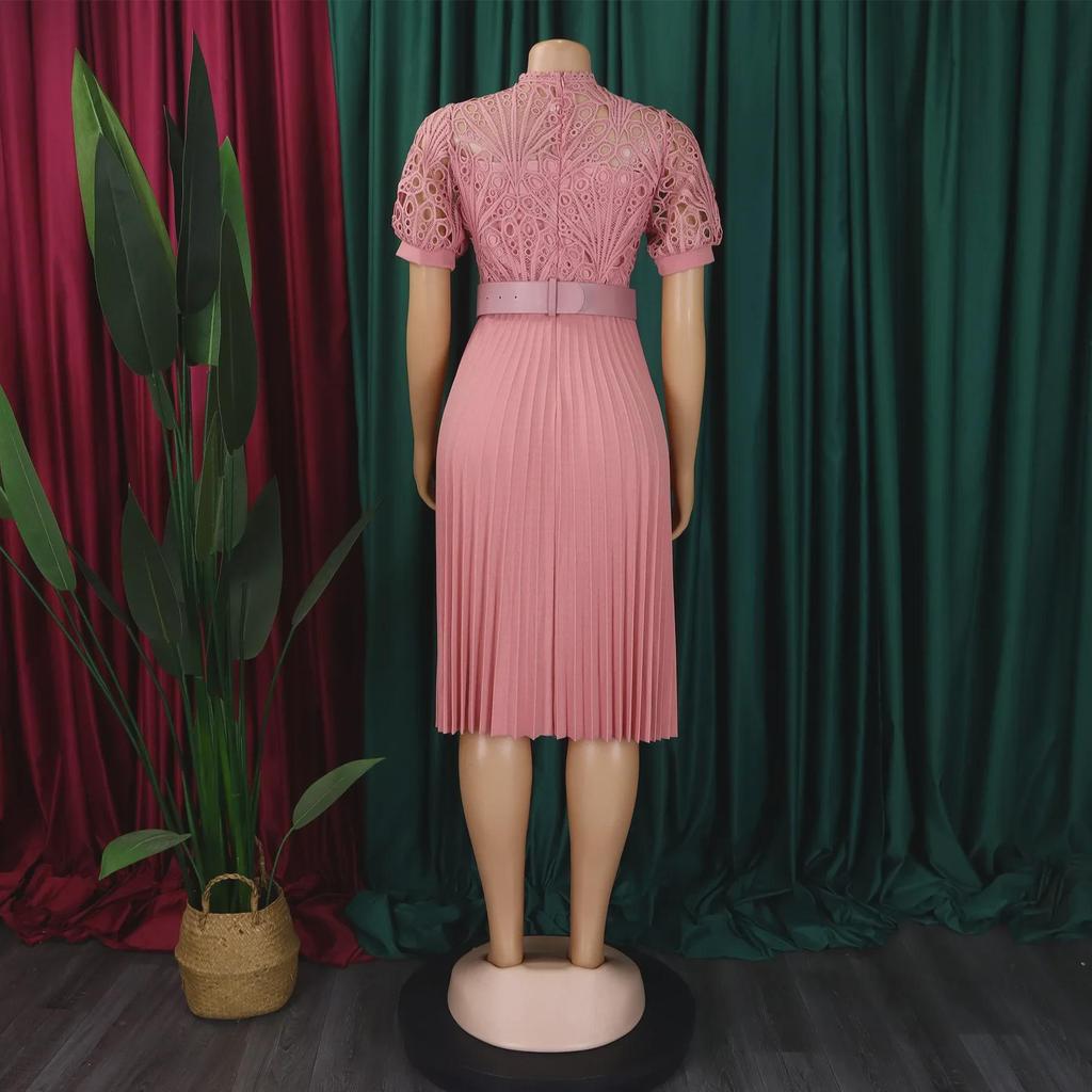 2024 Women's Short-Sleeve Lace-Pleated Dress - European/American Style