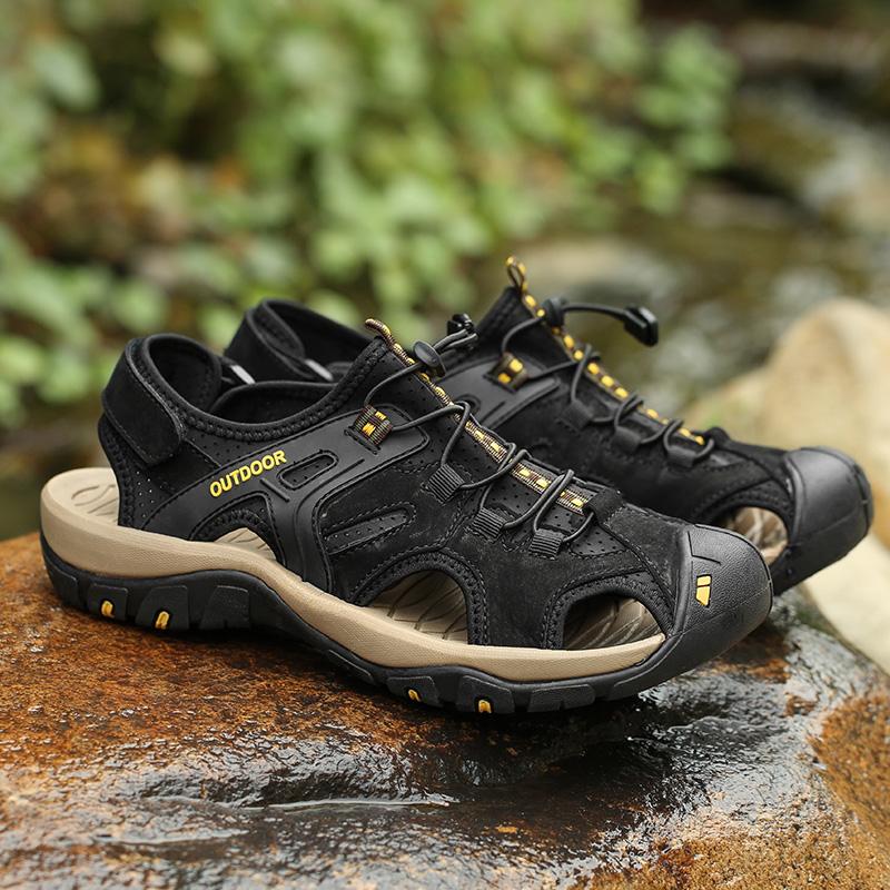 Men's Sandals Top Cowhide Upper Hollow Out Round Toe Outdoor Beach Walking Non Slip Durable Summer Beach Shoes Adjustable Buckle