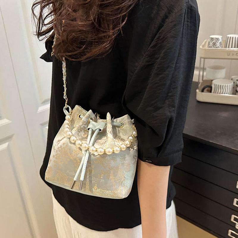 Pearl Chain Bucket Bag Women's Shoulder Bag Simple New Chinese Style Retro Crossbody Bag