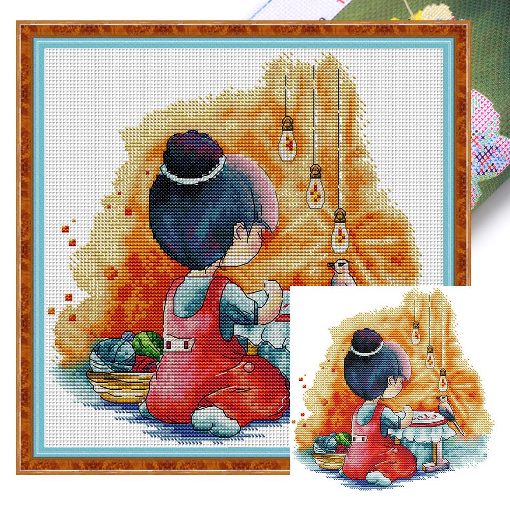 

Teilweise besticktes Öko-Baumwollgarn 14 CT bedrucktes Mädchen-Kreuzstichset 28