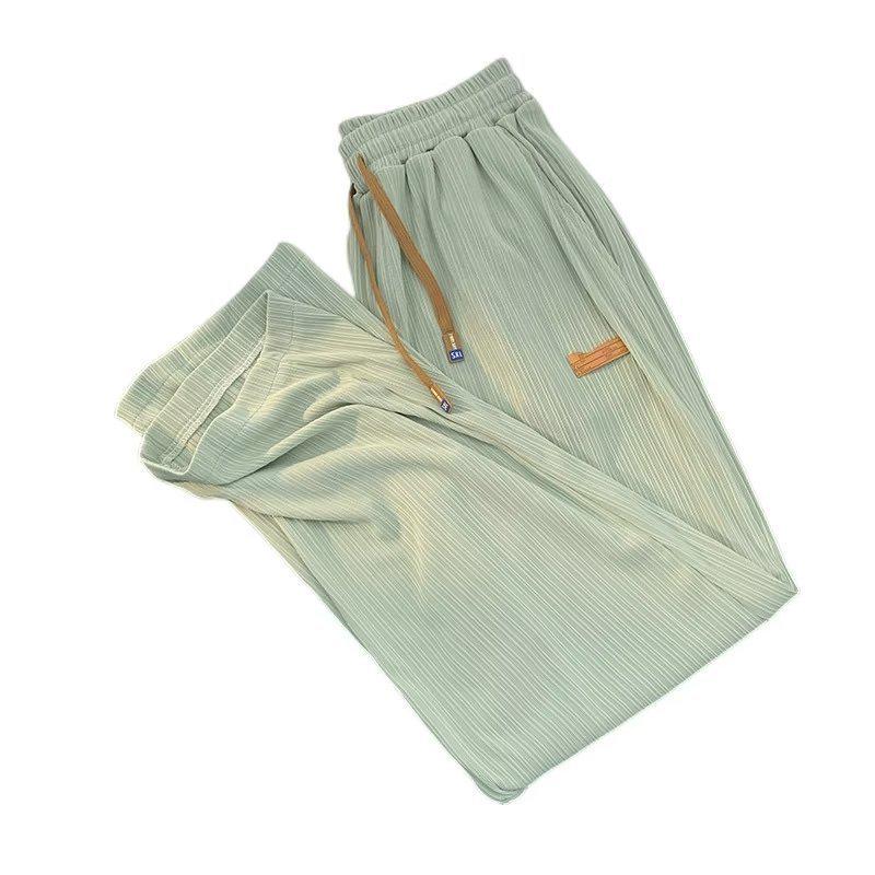 Summer Pleated Loose Plus Size Floor-Length Textured Trousers: Slimming, Straight-Leg, Lazy Style