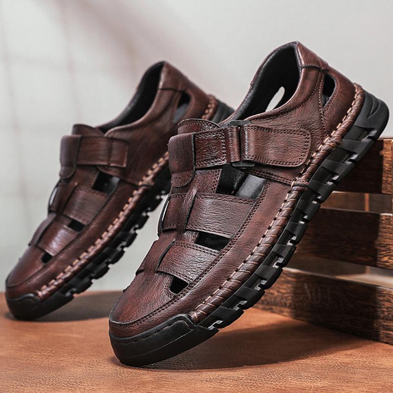Mens Closed Toe Sandals Large Size Genuine Leather Casual Hiking Sandals Hand Sewn Outdoor Comfortable