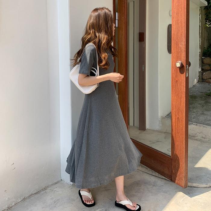 Cotton elastane summer new slim and thin split knee long swing dress One size fits all серый