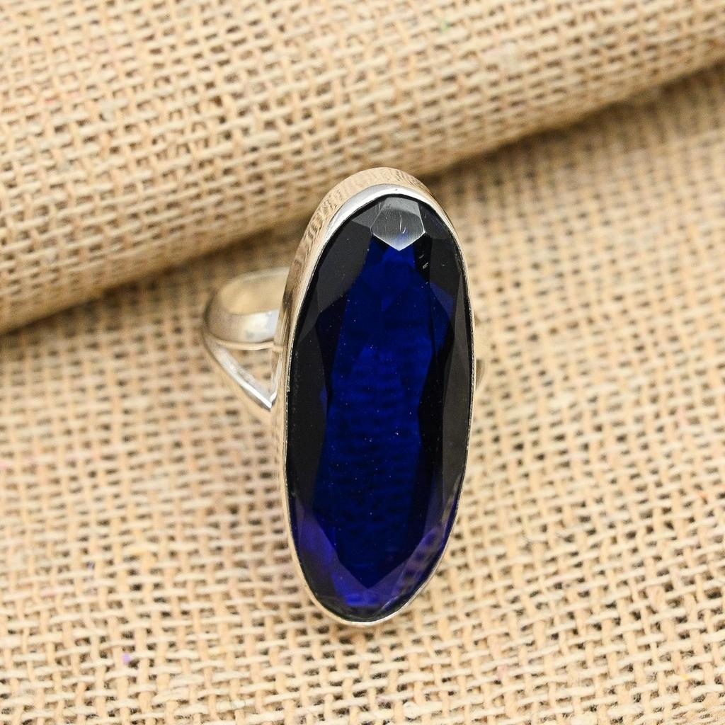 Blue Sapphire Lab-Created Gemstone Handmade 925 Sterling Silver Jewelry Ring For Women