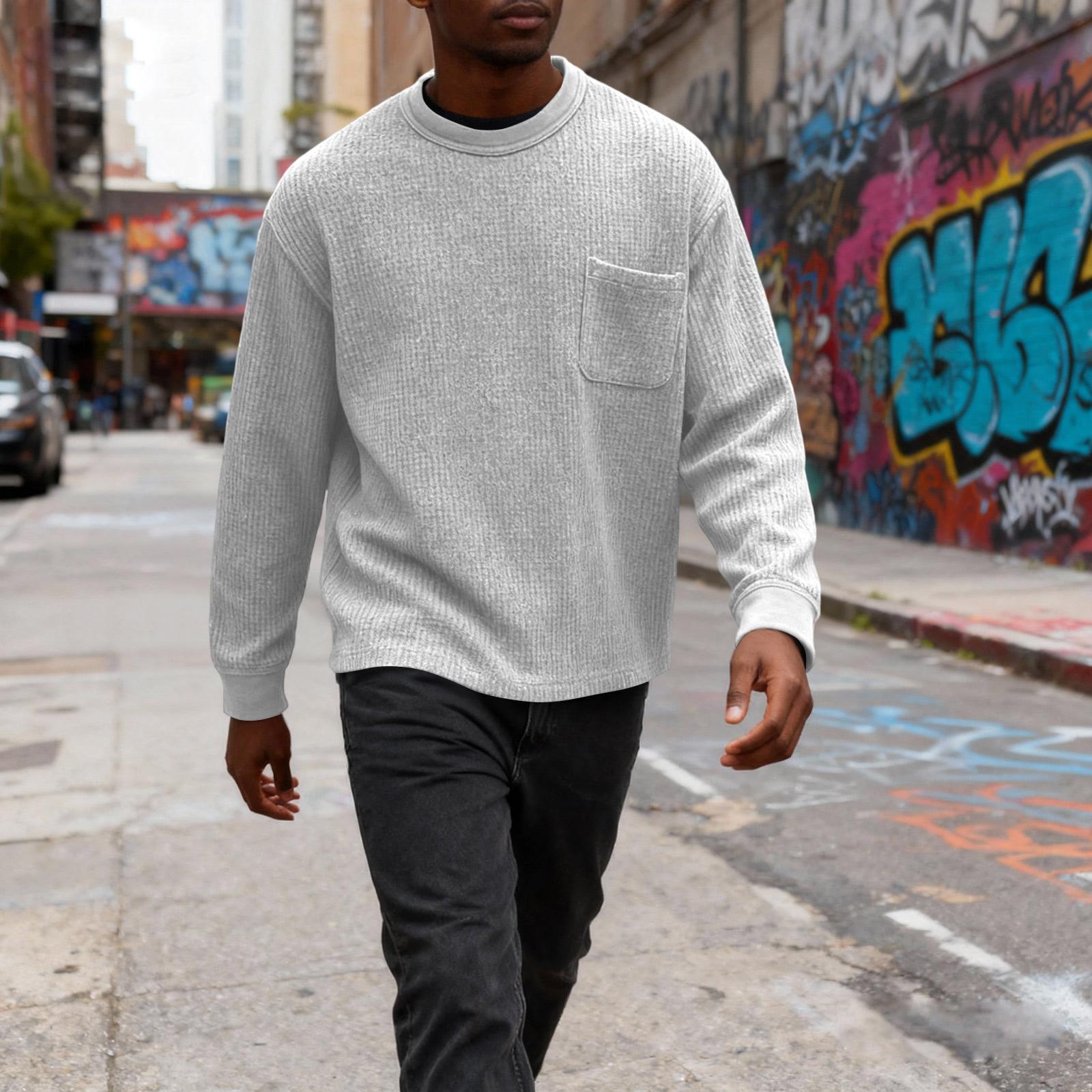 

MensLong Sleeve Shirt Crewneck Pullover Sweatshirts Big And T-Shirts Casual Relaxed Pullover Pocket XL